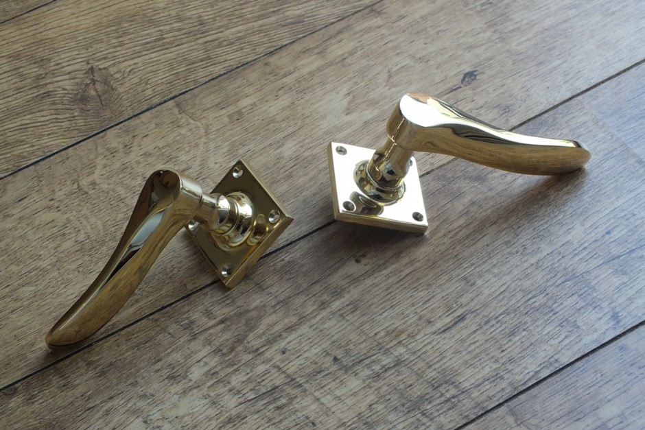 Polished Brass Door Handles on Square Rose